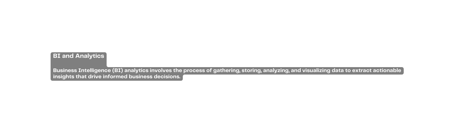 BI and Analytics Business Intelligence BI analytics involves the process of gathering storing analyzing and visualizing data to extract actionable insights that drive informed business decisions